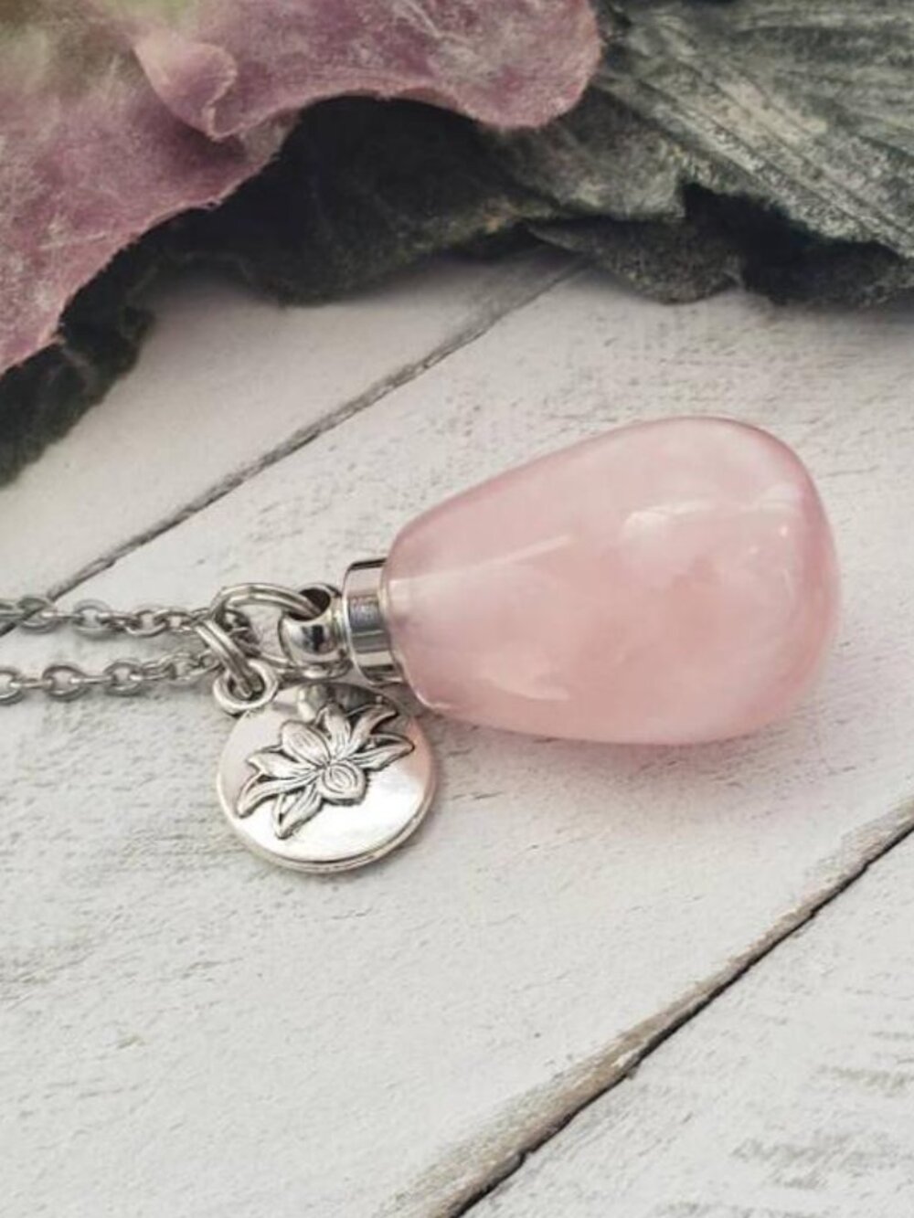 Rose Quartz Crystal Perfume Necklace Pink Tear Drop Lotus Charm